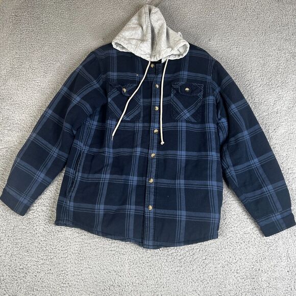 Wrangler Flannel Shirt Jacket Men Medium Plaid Hoodie Shacket Quilted Lined Camp - Picture 1 of 11